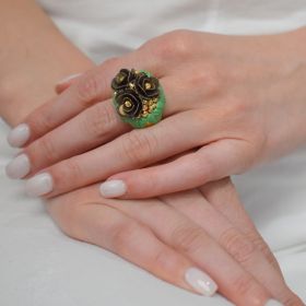Yellow, green and brown gold  flower ring