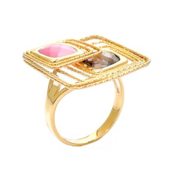 Yellow gold ring with smoky quartz and pink quartz